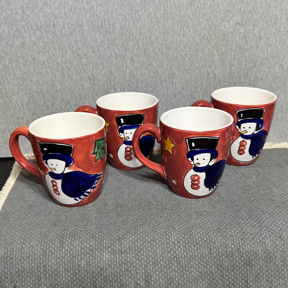 Gibson Contemporary Christmas Snowman Mugs Red Ceramic Holiday Coffee Cups